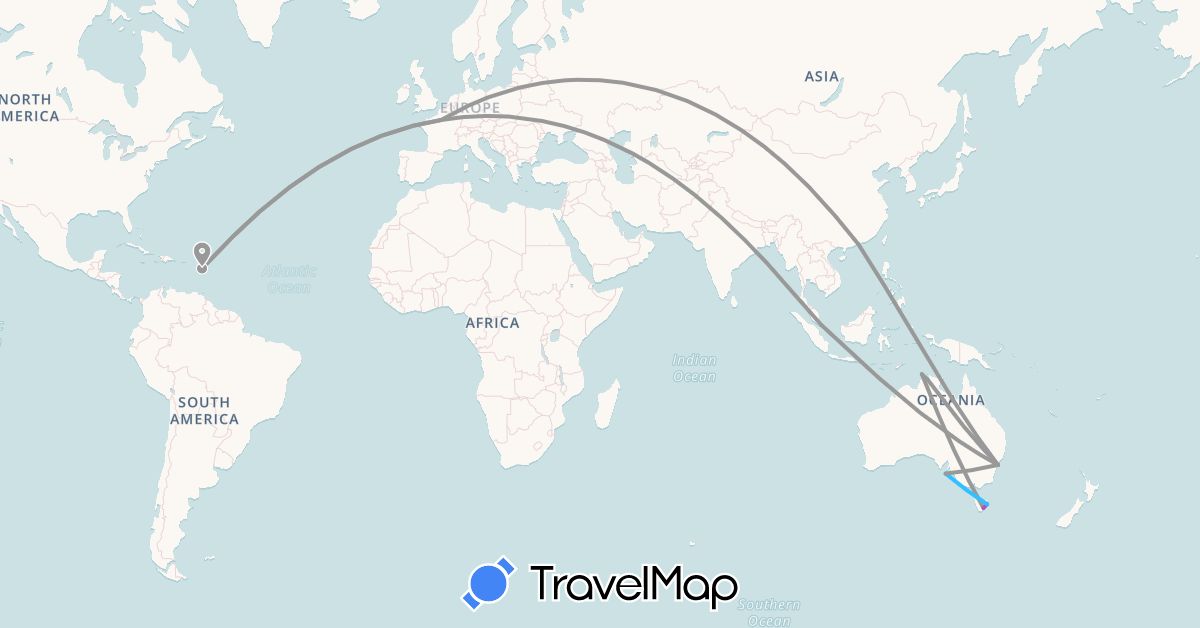 TravelMap itinerary: driving, plane, train, boat in Australia, France, Guadeloupe, Hong Kong, Singapore (Asia, Europe, North America, Oceania)